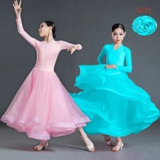 New Latin Ballroom Dance Dress Pink V-Neck Split Large Skirt Modern Gauze Skirt