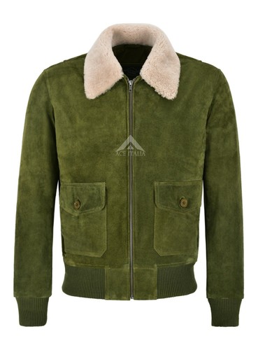 Men Bomber Suede Jacket Olive Fur 