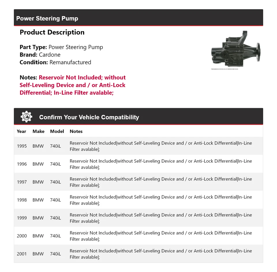 Bomba de direção hidráulica Cardone 1996 1997 1998 1999 2000 para 1995-2001 BMW 740iL - Imagem 2 de 4