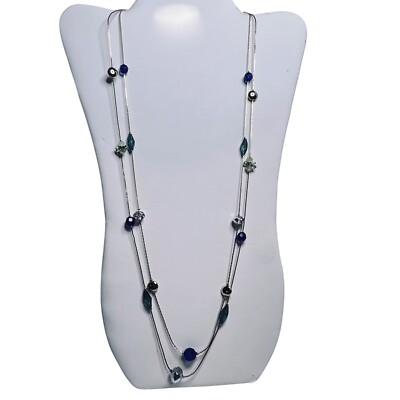 Double Strand Gold Tone Necklace With Cobalt Blue Aqua & Clear Beads (5603)