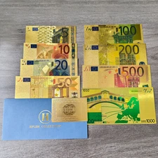 8pcs/Envelope 5 10 20 50 100 200 500 1000 Euro Gold Foil Plastic Banknotes Set