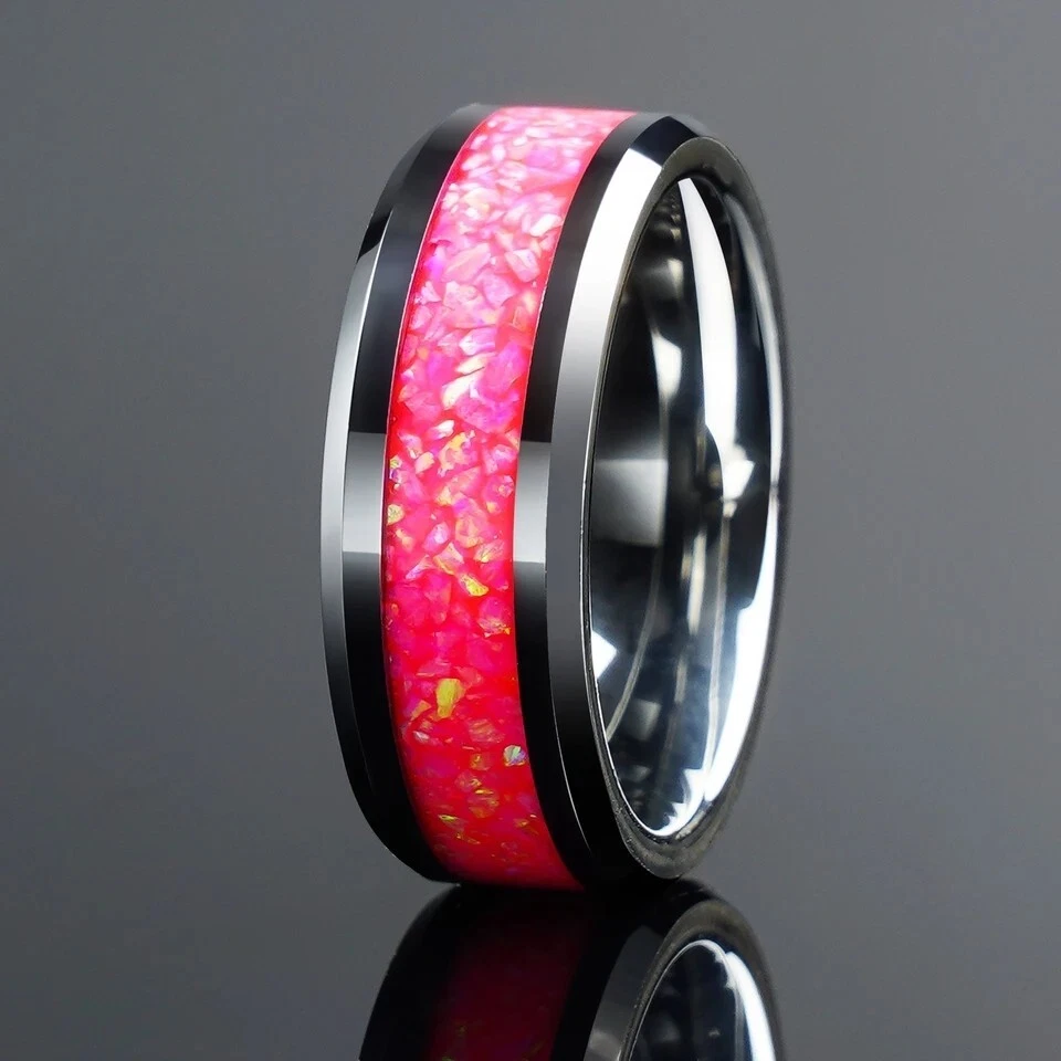 6/8MM Pink Opal Tungsten Carbide Ring Band for Couple Wedding Him & Her Ring - Image 4 of 4