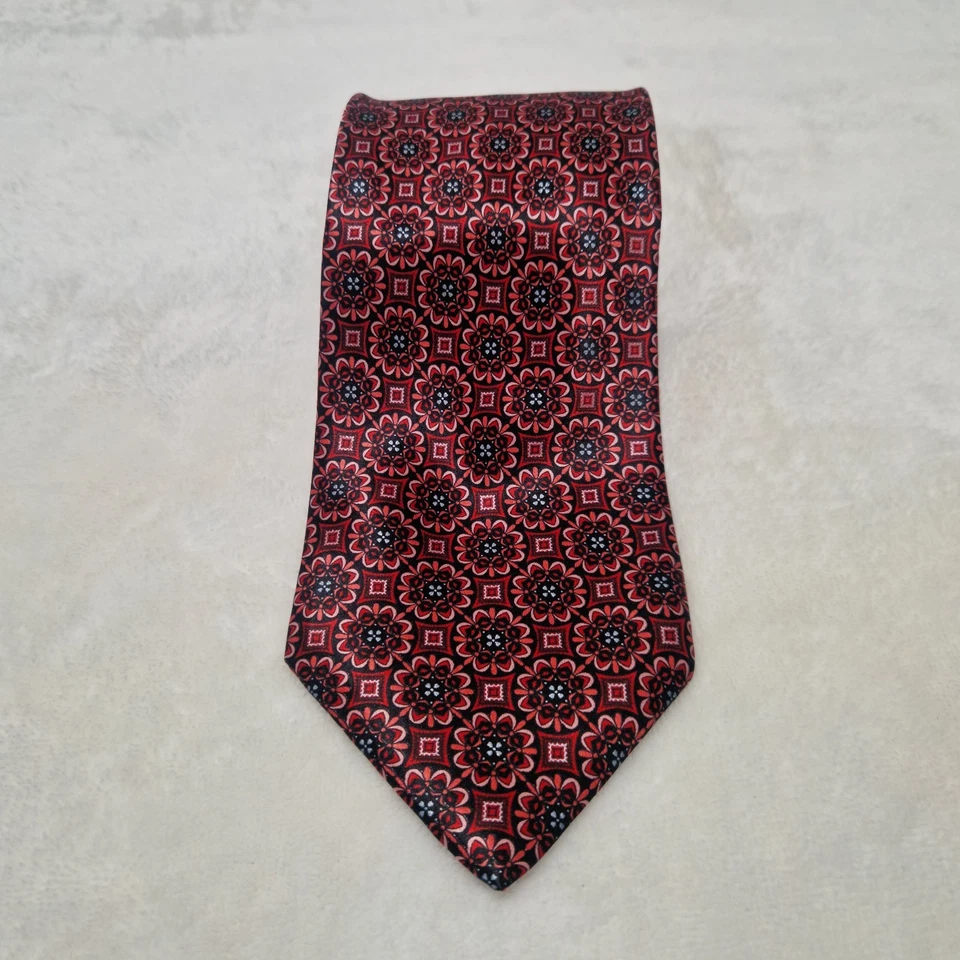 Corbata Italo Ferretti XL Bordo Roja Floral Geométrica Silvi Marina 100% Seda Hecha a Mano Foto 2 de 4