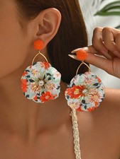 Orange Floral Dangle Earrings With Raffia Rose And Crystal Center One Size