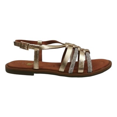 Damenschuhe niedrige Sandale gold laminiert mit Strass