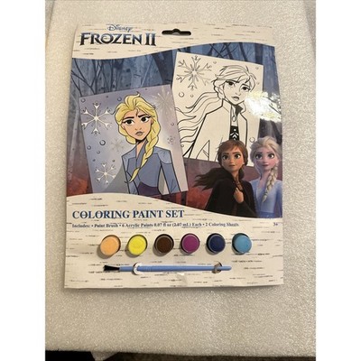 Disney Frozen II Coloring Paint Set Elsa Anna 2 Sheets 6 Acrylic Paints Brush