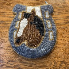 Vtg Beaded Coin Purse Horse & Horseshoe Blue Design Handmade By C. Marie In USA