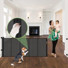 Extra Long 96-Inch Retractable Baby Gate with Support Rods for Large Openings