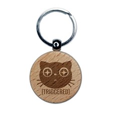 Triggered Cat Wide Star Eyes Engraved Wood Round Keychain Tag Charm