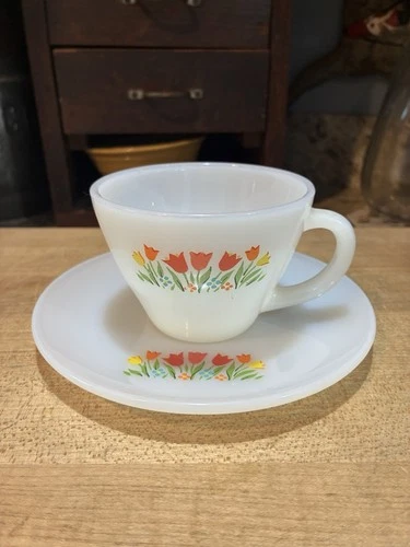 Vintage  Fire King Milk Glass Cup And Saucer Tulips Excellent