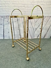 Vintage Mid Century Post Modern Brass Bar Cart Bamboo Wheels 35 x 22.5" No Glass