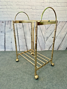 VTG Mid Century Post Modern Brass Bar Cart Bamboo Wheels 35 x 22.5 No Glass SALE