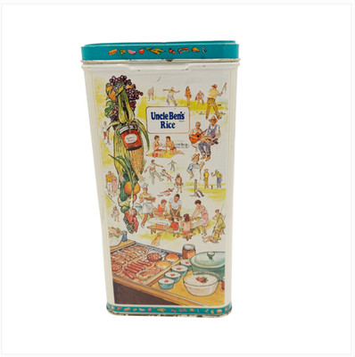 VTG 1987 Uncle Ben s Rice Tin Canister Teal Lid USA Travel Scenes Cottagecore