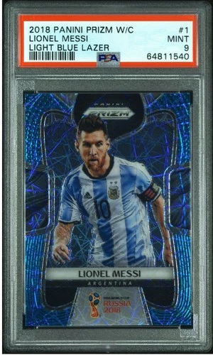 Lionel Messi 2018 PANINI Prizm World Cup Soccer #1 Light Blue Lazer /125 PSA 9