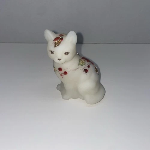 Fenton Christmas Cat Figurine Satin Finish Red Poinsettia Signed