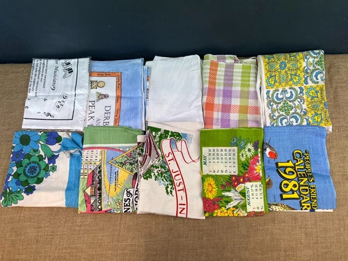 BUNDLE OF 10 VINTAGE LINEN COTTON KITCHEN TEA TOWEL TEXTILES RETRO COLLECTABLE