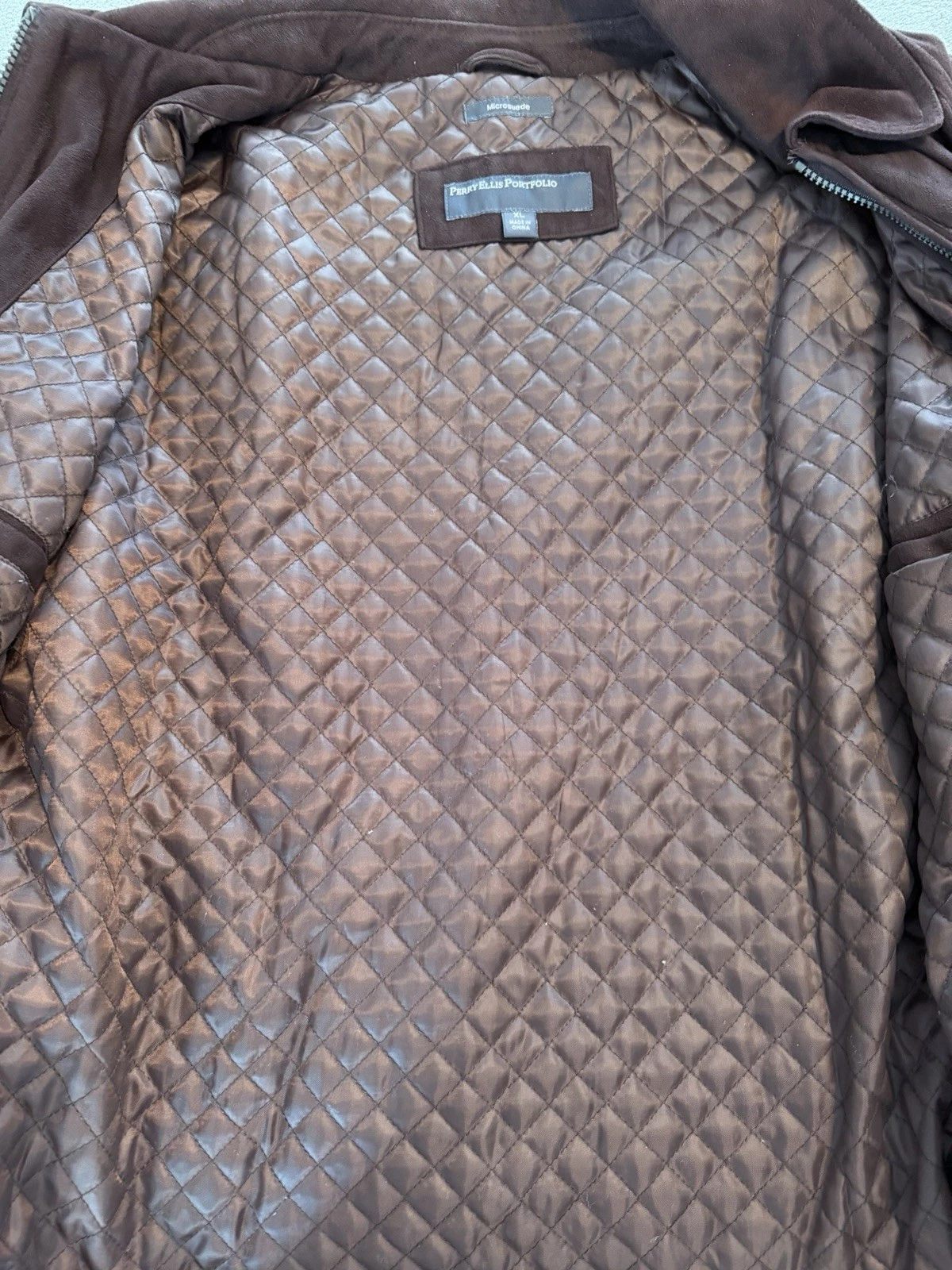 Perry Ellis Portfolio Microsuede Bomber Jacket Brown XL Quilted Lined Zip/Button image 4