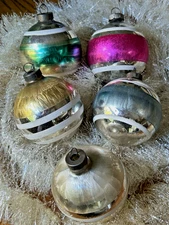 5 MCM Vintage Shiny Brite Jack Frost Ice Hammered Glass Ornaments 3" US of A
