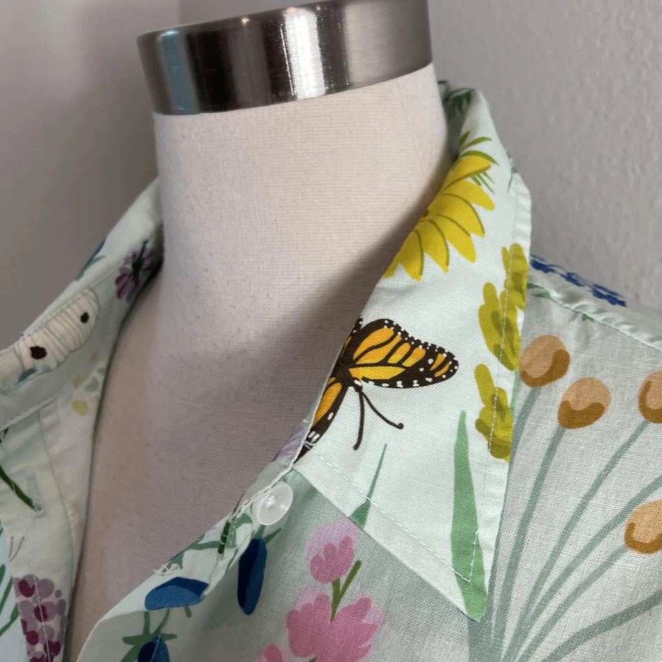 Camisa Lesley Evers Mujer Grande Verde Lino Algodón Floral Mariposa Abotonada Foto 4 de 4