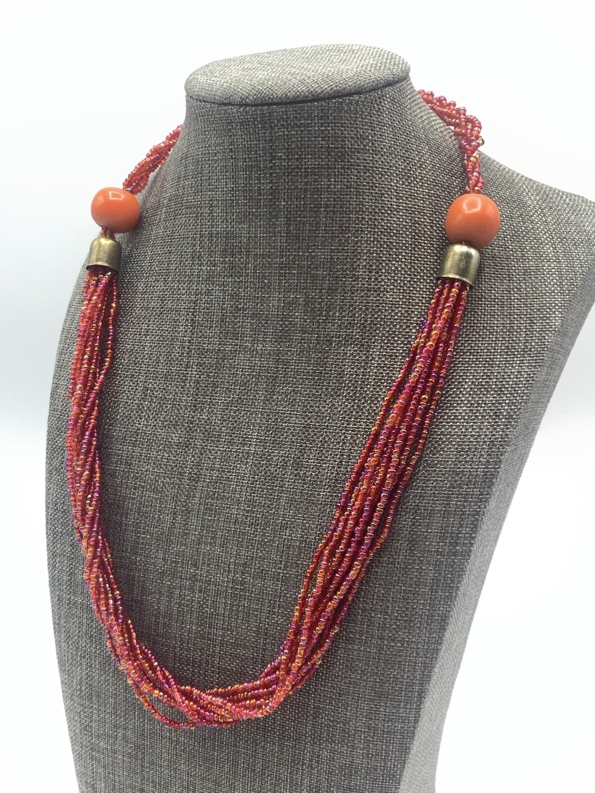 Vtg Multistrand Red Seed Bead Necklace 20” Silver To… Gem