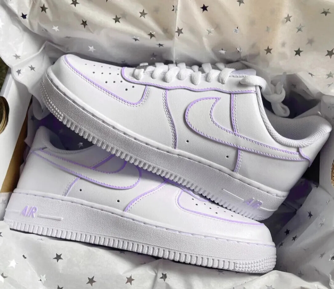 Air Force Custom White Shoes Lavender Lilac Light Purple Outline Womens  Kids