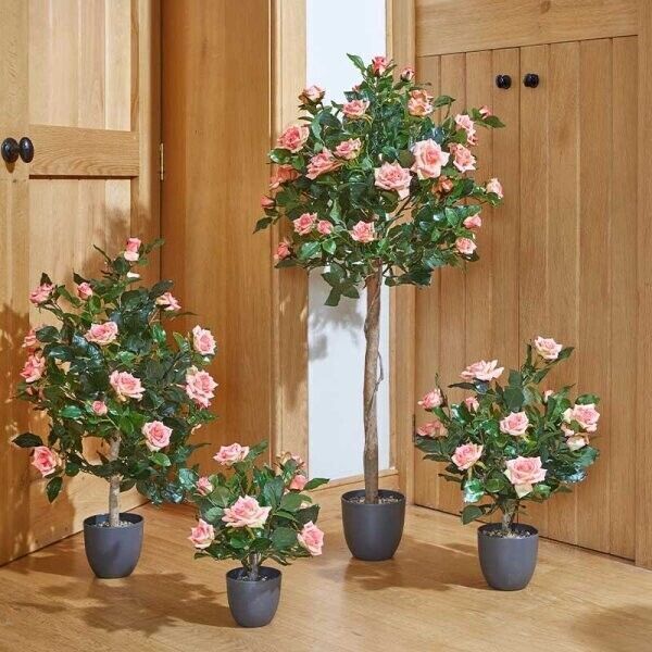 Artificial Rose Bush Tree Potted Plant Pink Faux Flowers Home Decor
