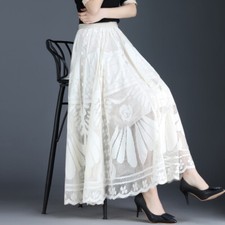 Spitze Damen Rock Hohl Out Blumenmuster Plissiert Rüschen Big Swing Midi