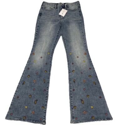 Jessica Simpson Daisy Flare Denim Embroidered Flowers Women's