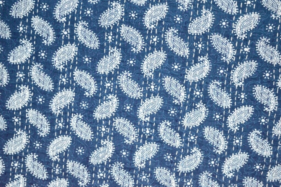 蓝色 Kantha 被子 Paisley Gudri 手工制作 双床罩 Throw Ralli — 第 4/4 张图片