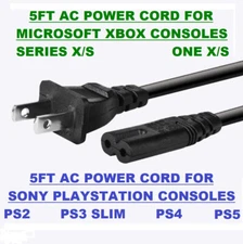 5ft AC Power Cable Cord for PS2 PS3 Slim PS4 PS5 XBOX One S X Series S X & PC