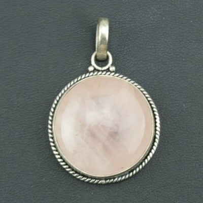 Großer natürlicher Cabochon Rosenquarz handgefertigt gestempelt silber Vintage Anhänger