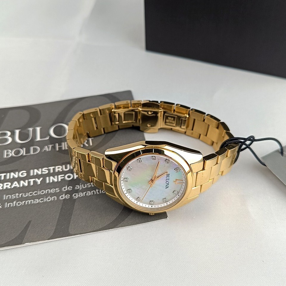 New Bulova Surveyor 97P172 Diamond White Dial Gold Bracelet Quartz ...