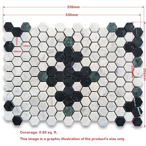 C31F71XH Carrara White Marble Hexagon Starlight Mosaic Tile Black Green Honed - Picture 5 of 6