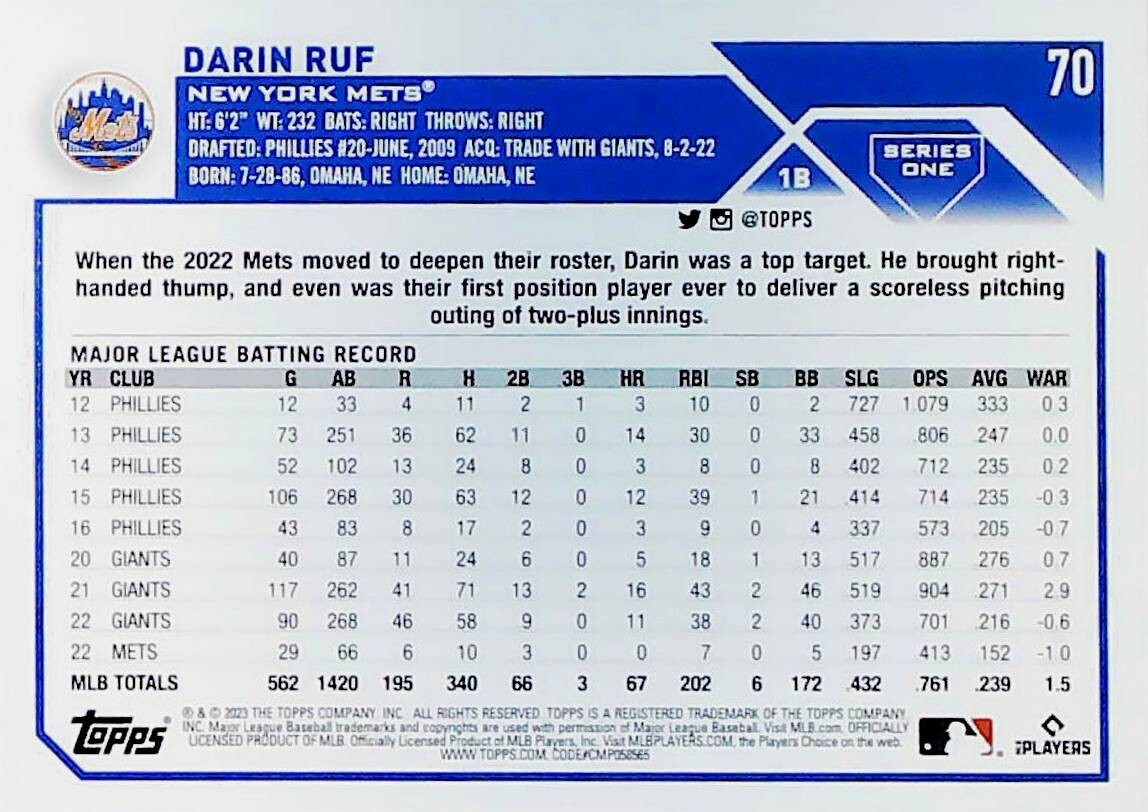 2023 Topps #70 Darin Ruf New York Mets | eBay