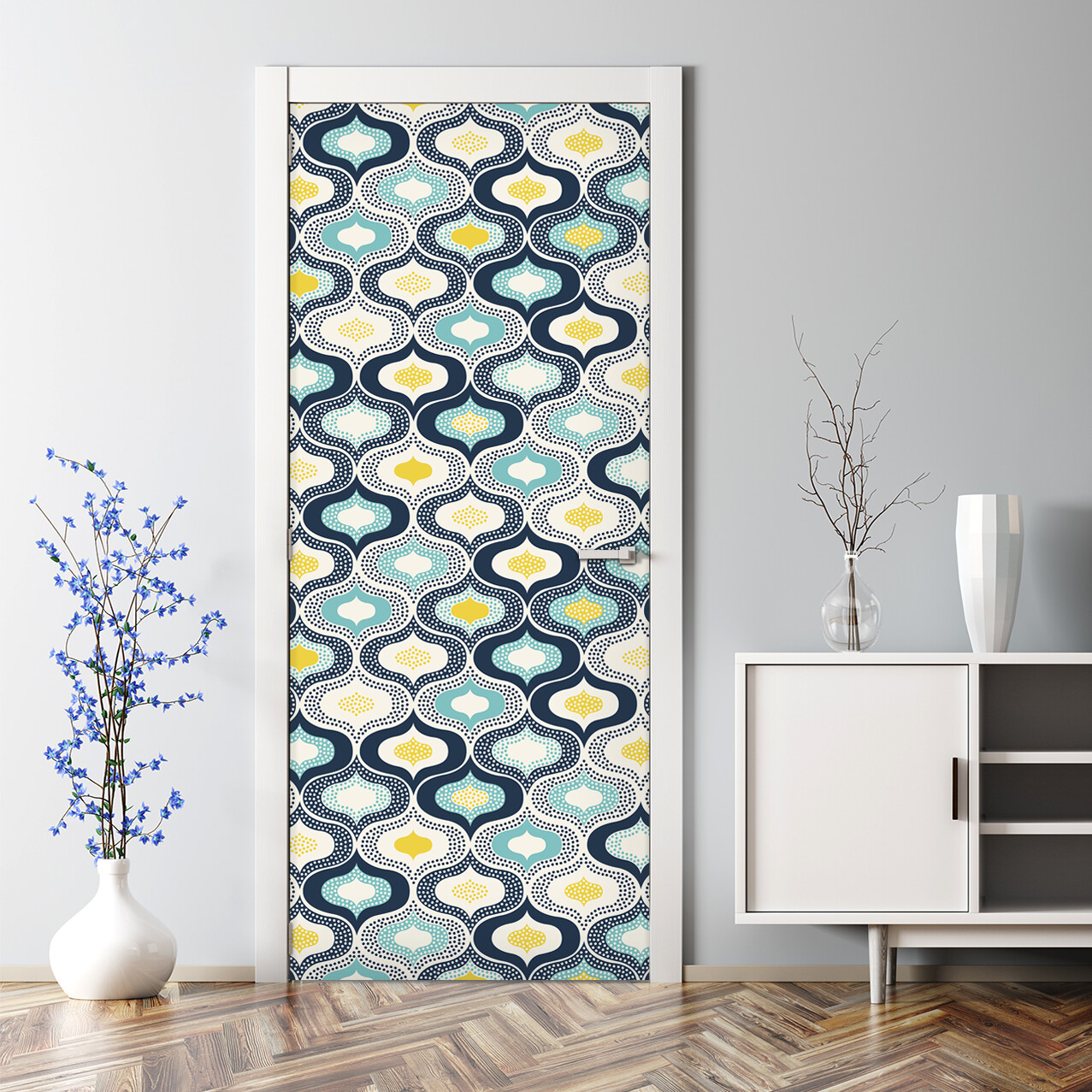 Blue & Yellow Dots Doodle Bubble Free Reusable Door Decal Sticker