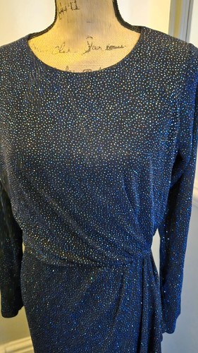 Women's Roman Black/Blue Sparkle Wrap Long Sleeve Midi Party Dress Size 14 - Picture 2 of 6