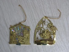 VTG Lot 2 Gold Metal Laser Cut Reflect Holo Nativity Manger Wise Men Light Cover