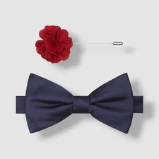 Tommy Hilfiger Mens Blue Solid Pre Tied Silk Bow Tie & Floral Lapel Pin Set