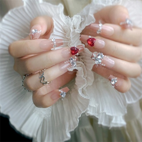 Long Coffin PressOn False Nails Diamonds Heart French Wedding Manicure