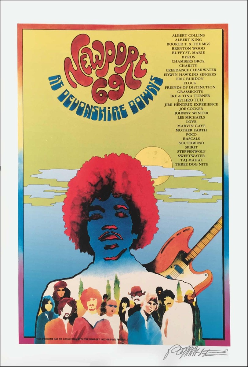 絵画 jamping 1969 Newport Pop Festival Poster Jimi Hendrix Signed 2nd Printing