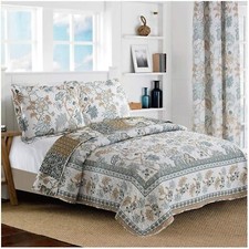 Blue Beige White Floral Patchwork 3 pc Quilt Set Twin Full Queen King Bedding