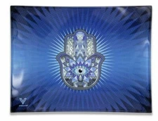 V Syndicate Small Tempered Glass Rolling Tray - Hamsa Blue - Shatter Resistant