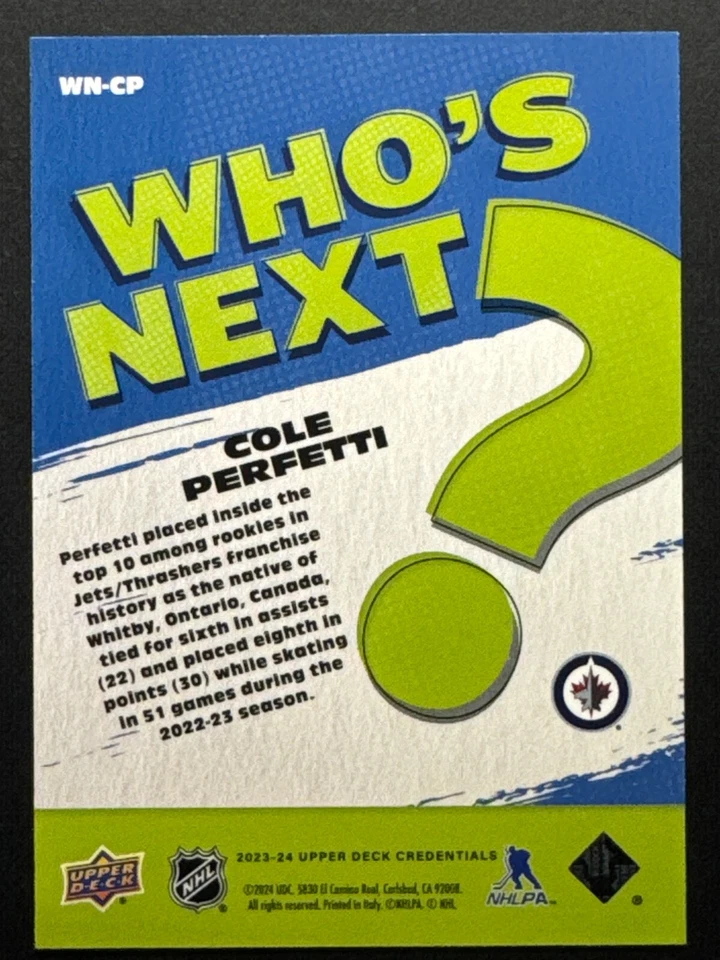 2023-24 UD Credentials Cole Perfetti Who's Next #WN-CP Winnipeg Jets - Image 2 of 2