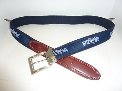 VINTAGE YRI Canvas & Leather Embroidered Golf Belt BITE ME Blue 41'' MADE IN USA
