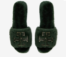 Tory Burch Double T Shearling Slides Sandal Slippers Teal Fur  Leather Sz 6 , 7