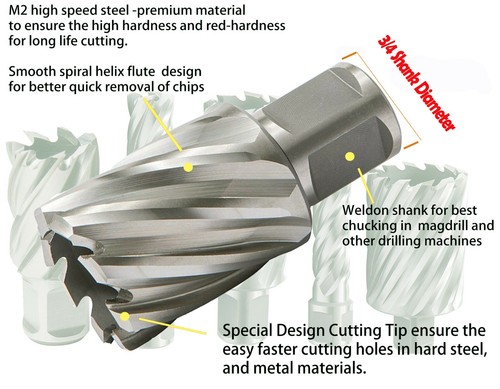 HSS Annular Cutter 1-5/8 In.x 2 In. with 3/4 In.Weldon Shank Metal Hole Cutting - Picture 2 of 8
