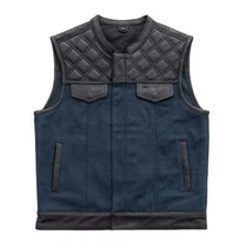 Hunt Club Style Mens Blue Denim Leather Vest Motorcycle Biker Concealed Carry