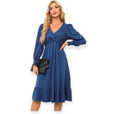Dokotoo Women’s Blue Twist Front Midi Dress Size M Long Sleeve Ruffle Hem NWT