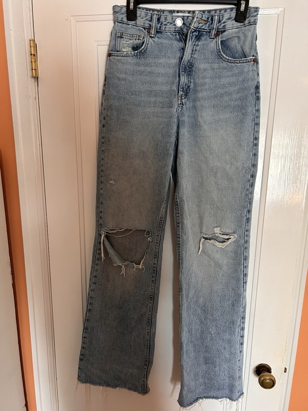Zara Women's Distressed High Rise Straight Blue Denim Jeans Button Zip 5-Pocket