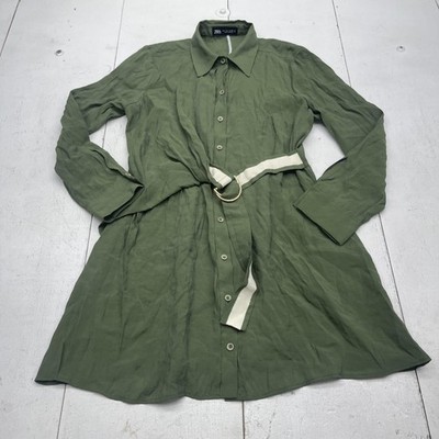 green zara shirt dress Womens Large Belted Button Front Long Sleeve Mini Casual color: navy